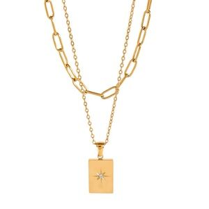 18K Gold Plated Layered Rectangle Pendant Necklace